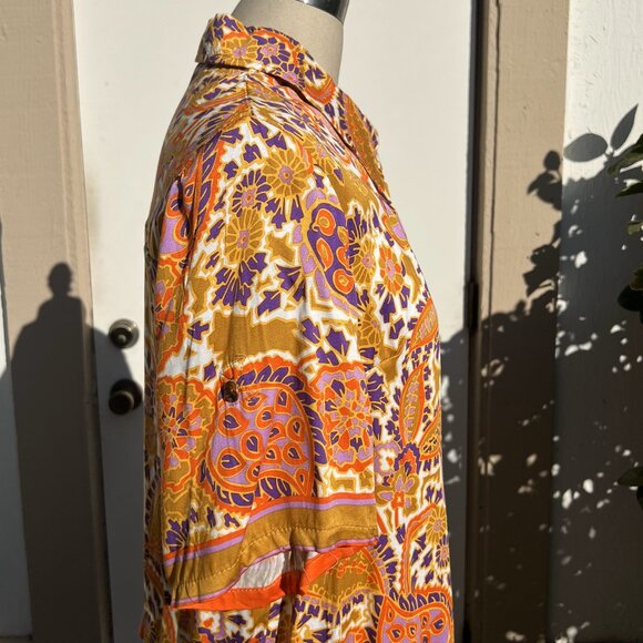 RACHEL ZOE Orange Gold Button-Up Short Sleeve Loose Fitting Blouse - Size Large - Picture 3 of 9